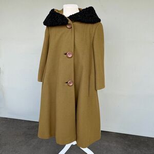 1950s Versailles Olive Wool Swing Coat Persian Lamb Fur Collar Union Made Canada